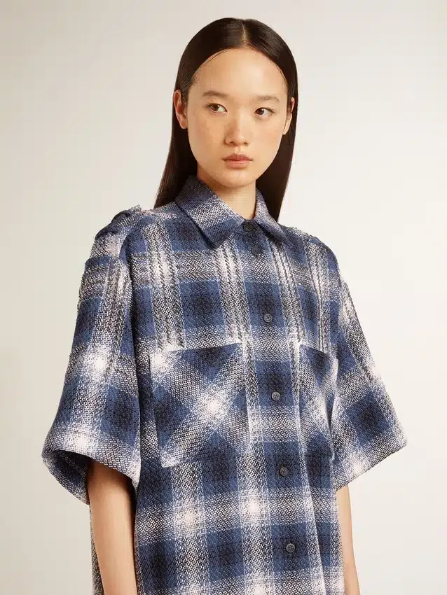 Vestido camisero corto de mujer con estampado de tablero de ajedrez en 3D y bordados