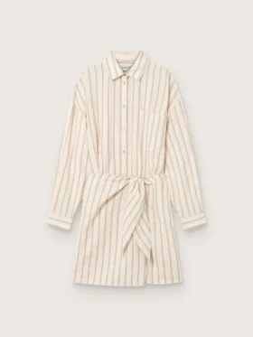 Vestido de camisa de algodón crudo para mujer con rayas beige y marrones