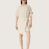 Vestido de camisa de algodón crudo para mujer con rayas beige y marrones