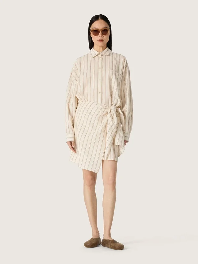Vestido de camisa de algodón crudo para mujer con rayas beige y marrones