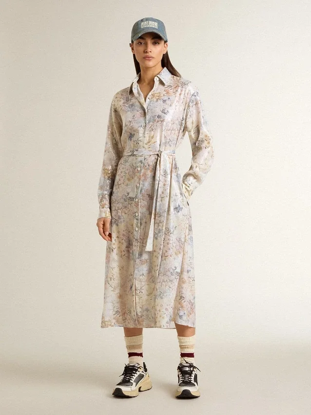 Vestido de camisa de mujer con estampado floral de lentejuelas multicolor