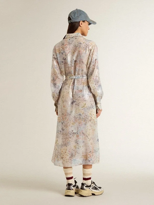 Vestido de camisa de mujer con estampado floral de lentejuelas multicolor