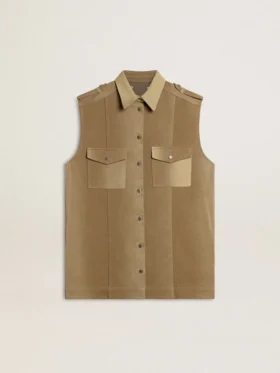 Vestido de camisa de mujer en denim color arena con detalles militares
