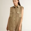 Vestido de camisa de mujer en denim color arena con detalles militares
