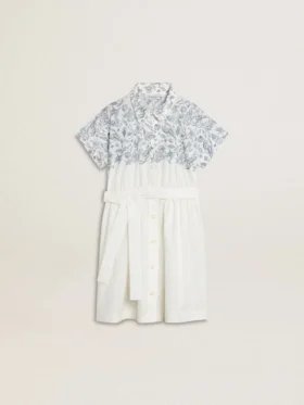 Vestido de camisa para niñas en lona de algodón blanca con estampado náutico azul y ribete blanco