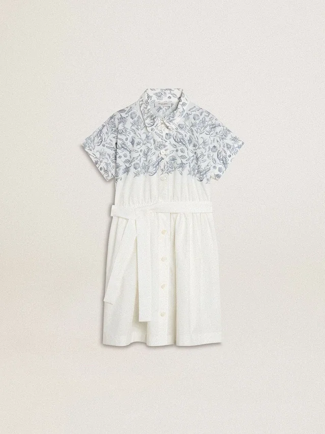 Vestido de camisa para niñas en lona de algodón blanca con estampado náutico azul y ribete blanco