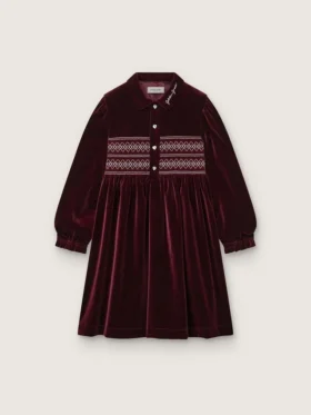 Vestido de niñas en color burdeos con efecto terciopelo y bordado en la parte delantera