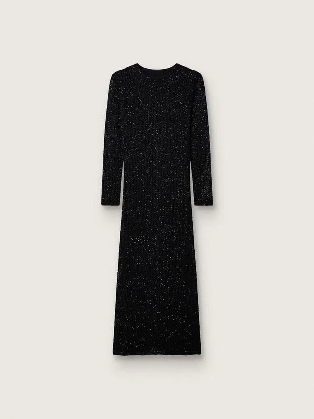 Vestido largo de mujer de malla negra con lentejuelas negras