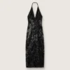 Vestido largo de mujer de tul con bordado floral de lentejuelas negras