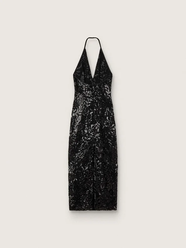 Vestido largo de mujer de tul con bordado floral de lentejuelas negras