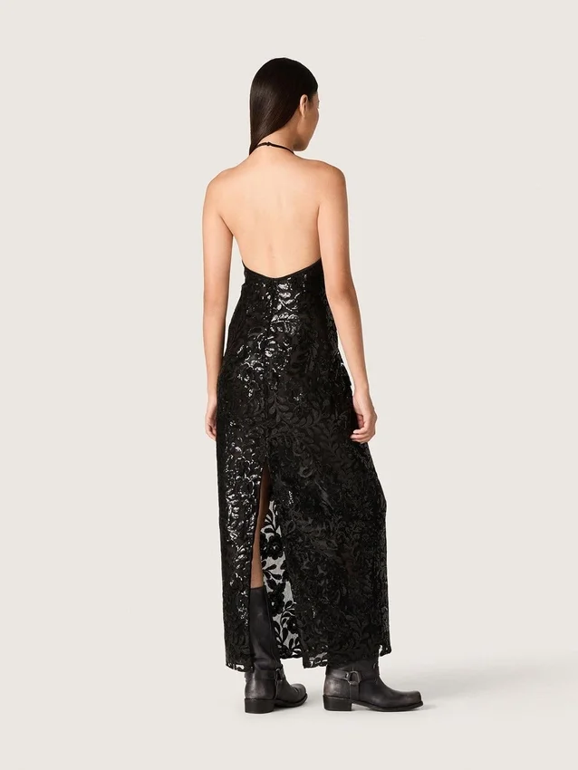 Vestido largo de mujer de tul con bordado floral de lentejuelas negras