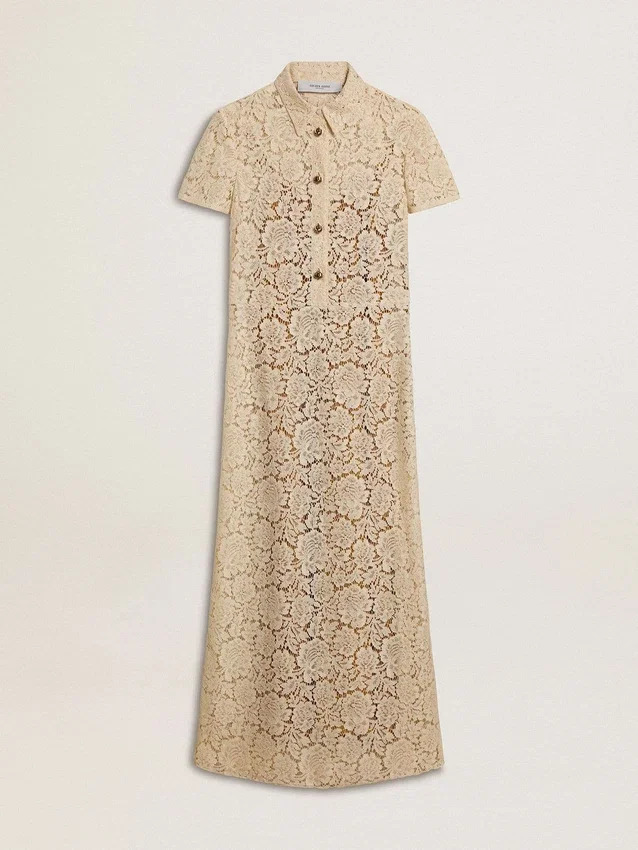 Vestido midi de mujer de encaje transparente color crema