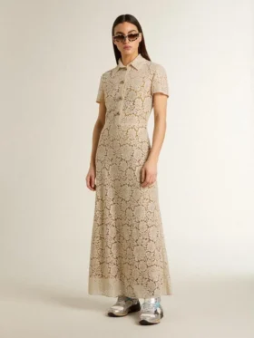Vestido midi de mujer de encaje transparente color crema