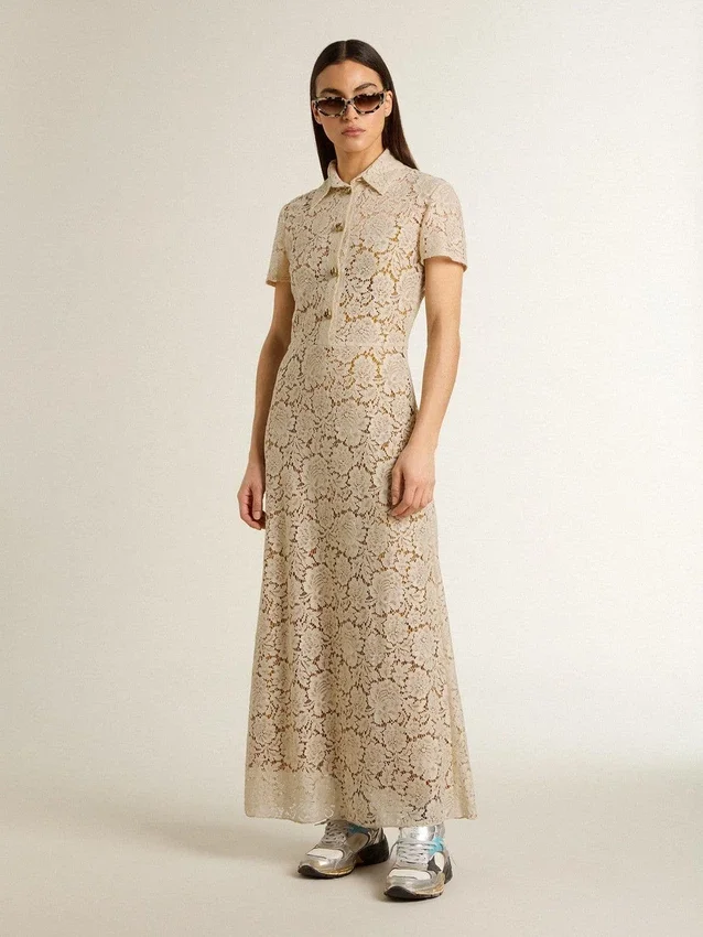 Vestido midi de mujer de encaje transparente color crema
