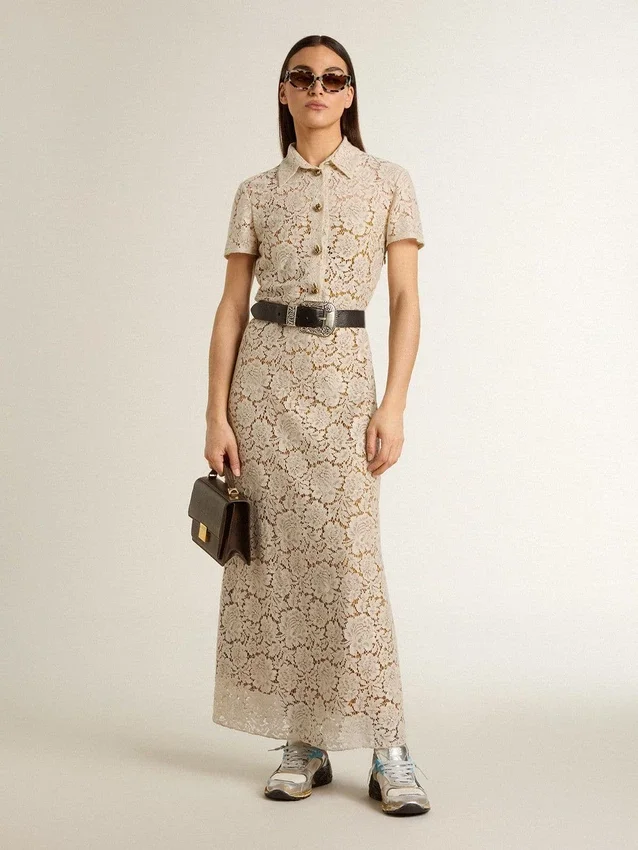 Vestido midi de mujer de encaje transparente color crema
