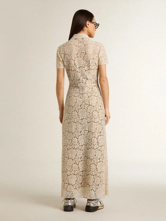 Vestido midi de mujer de encaje transparente color crema
