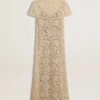 Vestido midi de mujer de encaje transparente color crema