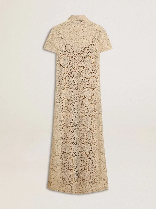 Vestido midi de mujer de encaje transparente color crema