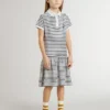 Vestido midi para niñas de mezcla de algodón a rayas con bordados