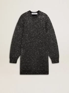 Vestido negro de mujer con cuello redondo y lentejuelas plateadas por toda la prenda