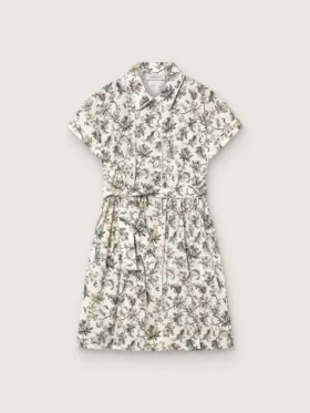 Vestido para niñas «Journey» de lona de algodón blanca con estampado floral verde