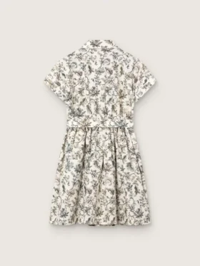 Vestido para niñas «Journey» de lona de algodón blanca con estampado floral verde