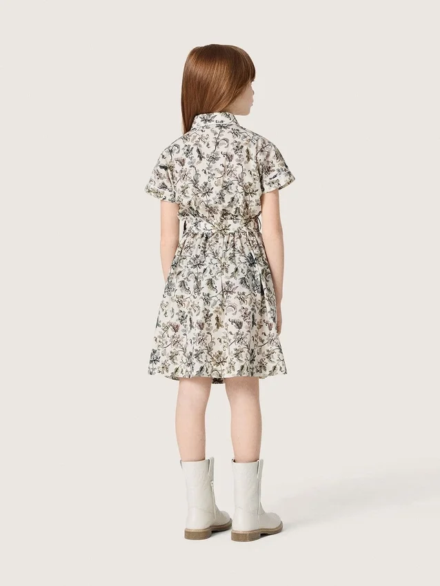 Vestido para niñas «Journey» de lona de algodón blanca con estampado floral verde