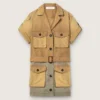 Vestido safari de mujer en algodón beige y verde militar con bolsillos maxi