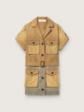 Vestido safari de mujer en algodón beige y verde militar con bolsillos maxi