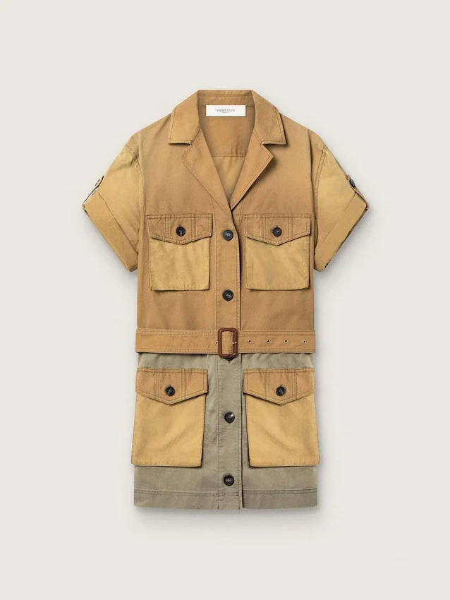 Vestido safari de mujer en algodón beige y verde militar con bolsillos maxi