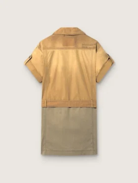Vestido safari de mujer en algodón beige y verde militar con bolsillos maxi