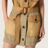 Vestido safari de mujer en algodón beige y verde militar con bolsillos maxi