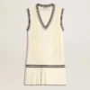 Vestido sin mangas de algodón blanco desgastado para mujer, con ribetes azul oscuro y cristales