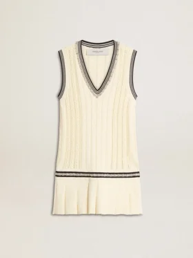 Vestido sin mangas de algodón blanco desgastado para mujer, con ribetes azul oscuro y cristales