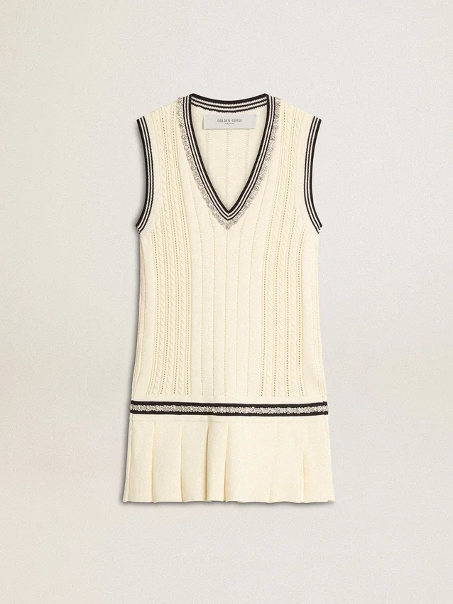 Vestido sin mangas de algodón blanco desgastado para mujer, con ribetes azul oscuro y cristales