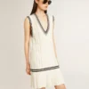 Vestido sin mangas de algodón blanco desgastado para mujer, con ribetes azul oscuro y cristales