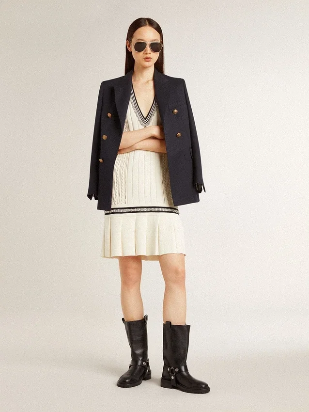 Vestido sin mangas de algodón blanco desgastado para mujer, con ribetes azul oscuro y cristales