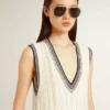Vestido sin mangas de algodón blanco desgastado para mujer, con ribetes azul oscuro y cristales