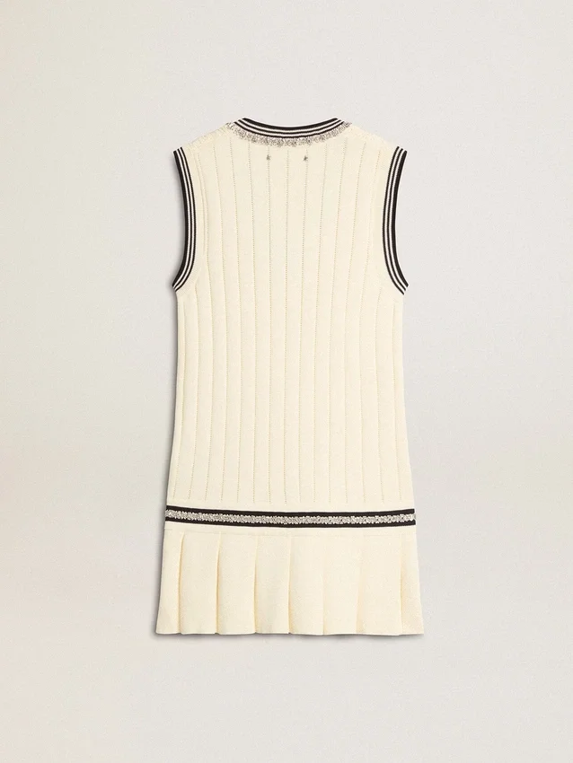 Vestido sin mangas de algodón blanco desgastado para mujer, con ribetes azul oscuro y cristales