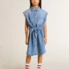 Vestido vaquero para niñas con lazo delantero y bordados