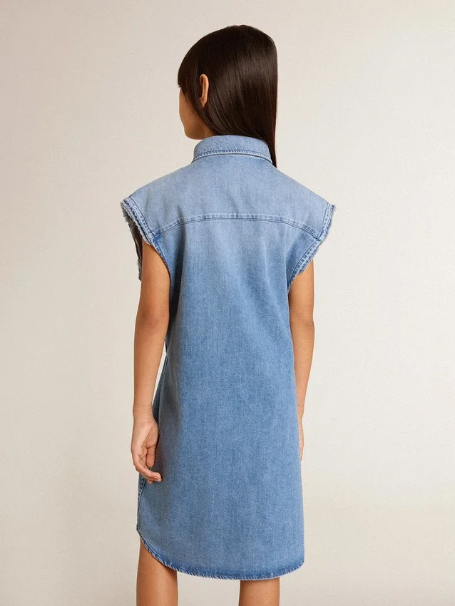 Vestido vaquero para niñas con lazo delantero y bordados
