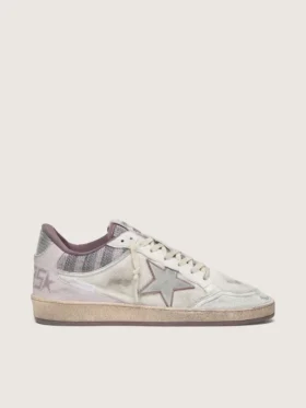 Zapatillas Ball Star LAB para hombre en nailon blanco y piel de potro con estrella plateada e inserciones lilas