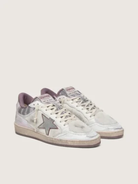 Zapatillas Ball Star LAB para hombre en nailon blanco y piel de potro con estrella plateada e inserciones lilas