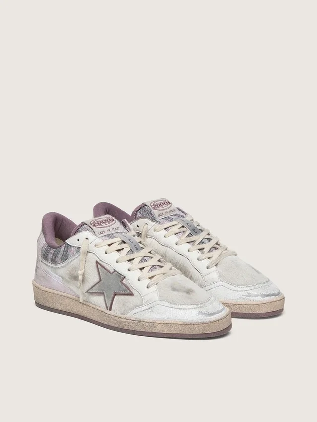 Zapatillas Ball Star LAB para hombre en nailon blanco y piel de potro con estrella plateada e inserciones lilas