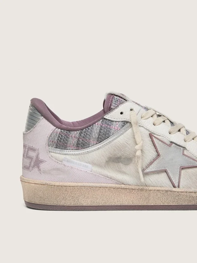Zapatillas Ball Star LAB para hombre en nailon blanco y piel de potro con estrella plateada e inserciones lilas
