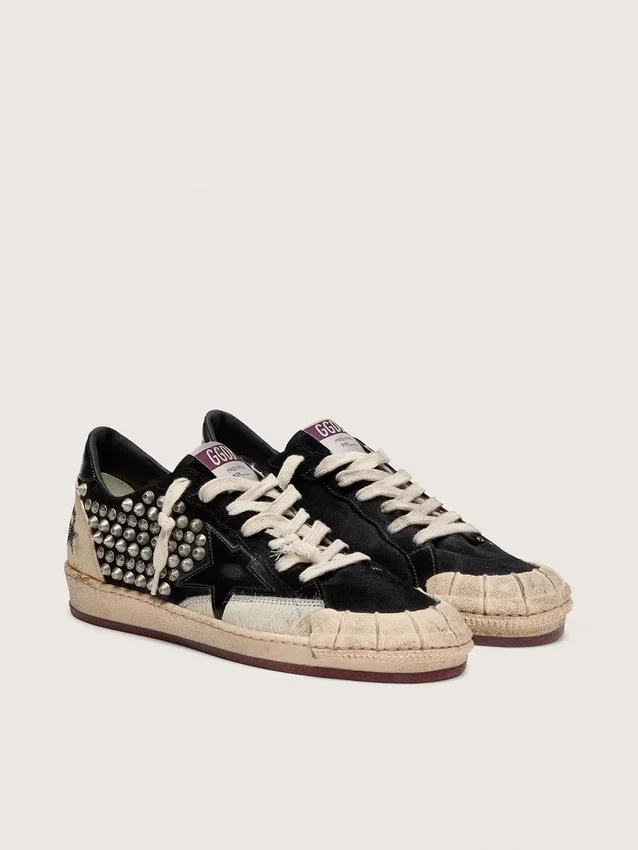 Zapatillas Ball Star LAB para mujer en ante negro con tachuelas y estrella de piel negra brillante