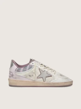 Zapatillas Ball Star LAB para mujer en nailon blanco y piel de potro con estrella plateada e inserciones lilas
