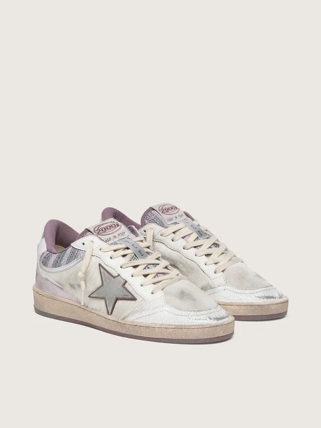 Zapatillas Ball Star LAB para mujer en nailon blanco y piel de potro con estrella plateada e inserciones lilas