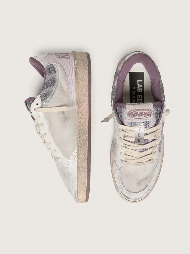 Zapatillas Ball Star LAB para mujer en nailon blanco y piel de potro con estrella plateada e inserciones lilas