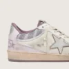 Zapatillas Ball Star LAB para mujer en nailon blanco y piel de potro con estrella plateada e inserciones lilas